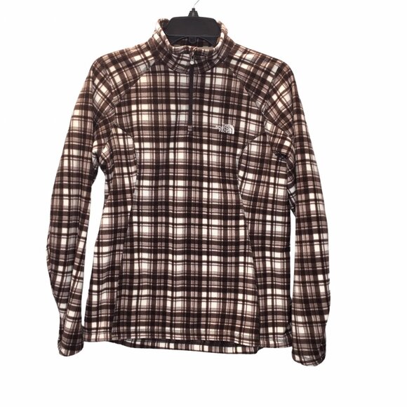 The North Face Quarter Zip Sweatshirt Pullover Fleece Women Medium Brown Plaid - Picture 1 of 13